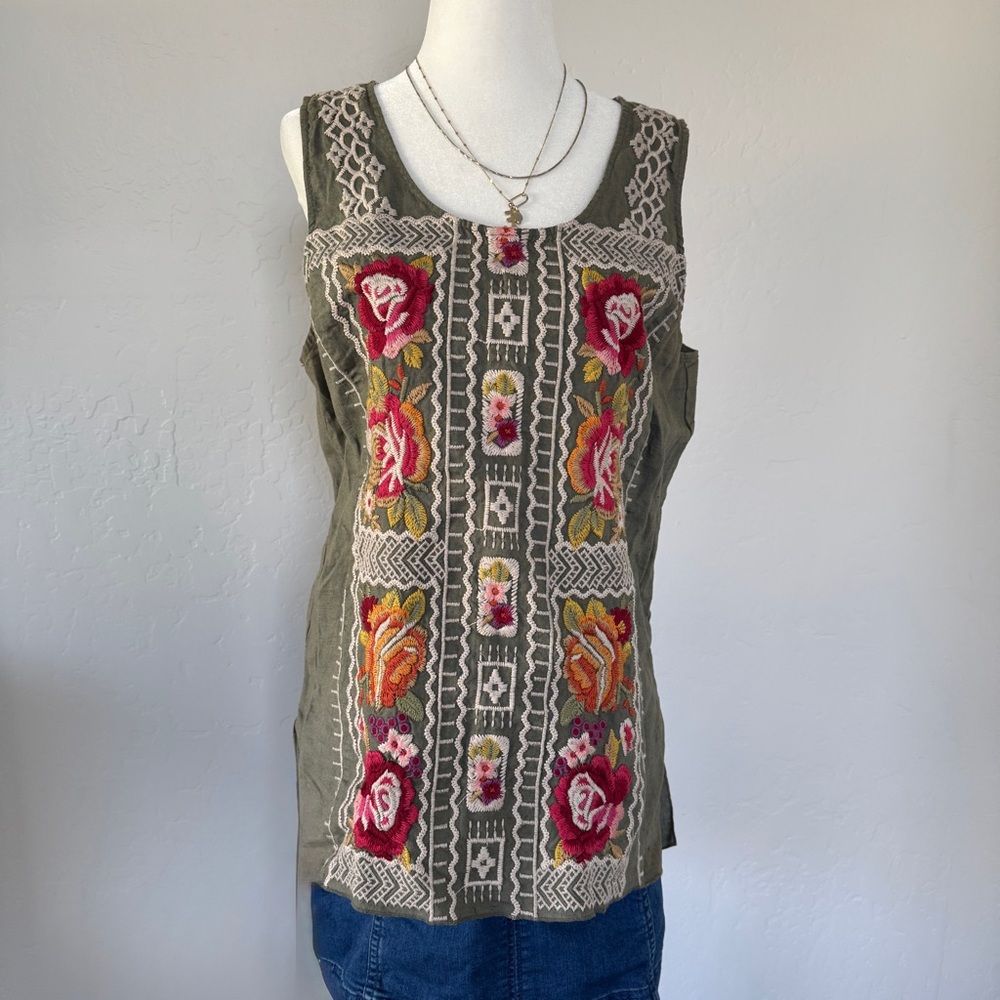 Floral Embroidered Sleeveless Top - Green and Pink